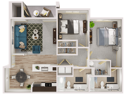 Floor plan for 2 beds, 2 baths, 1132 sqft